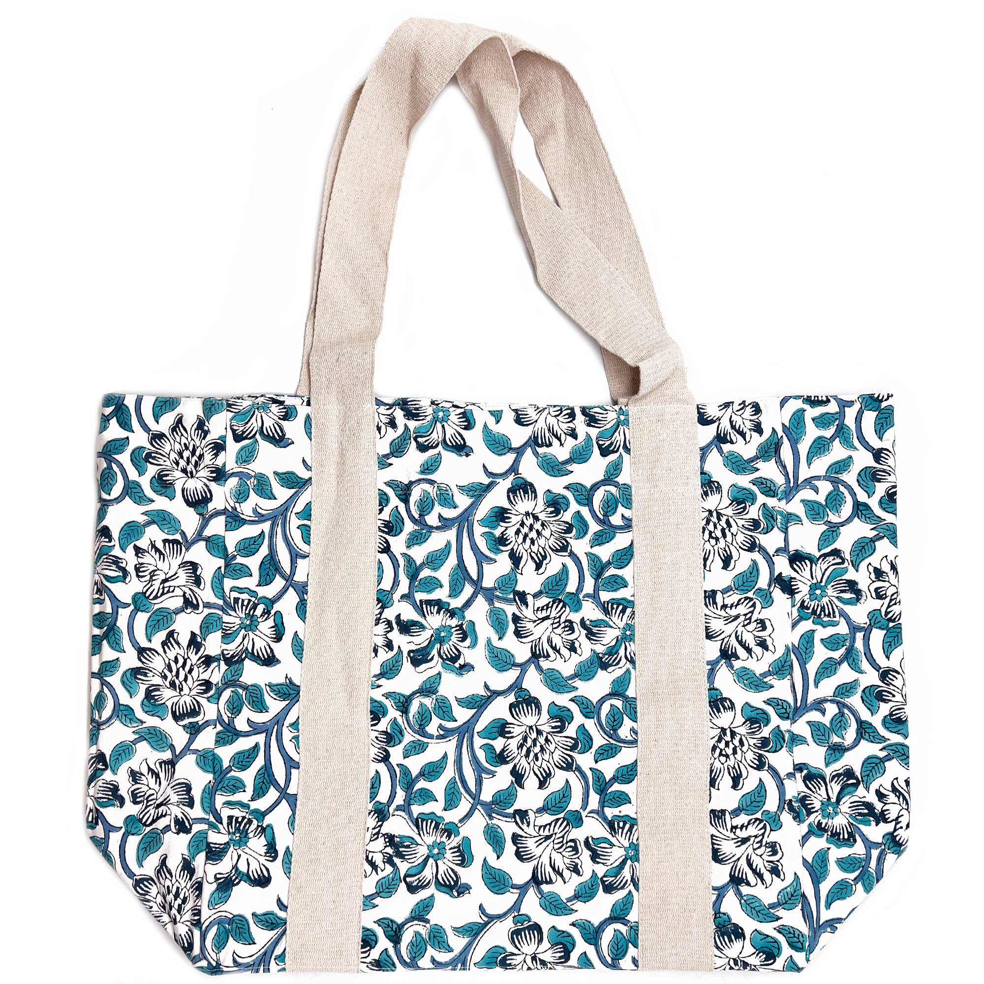 Handcrafted Canvas Bag with Block-Printed Blue Thistle