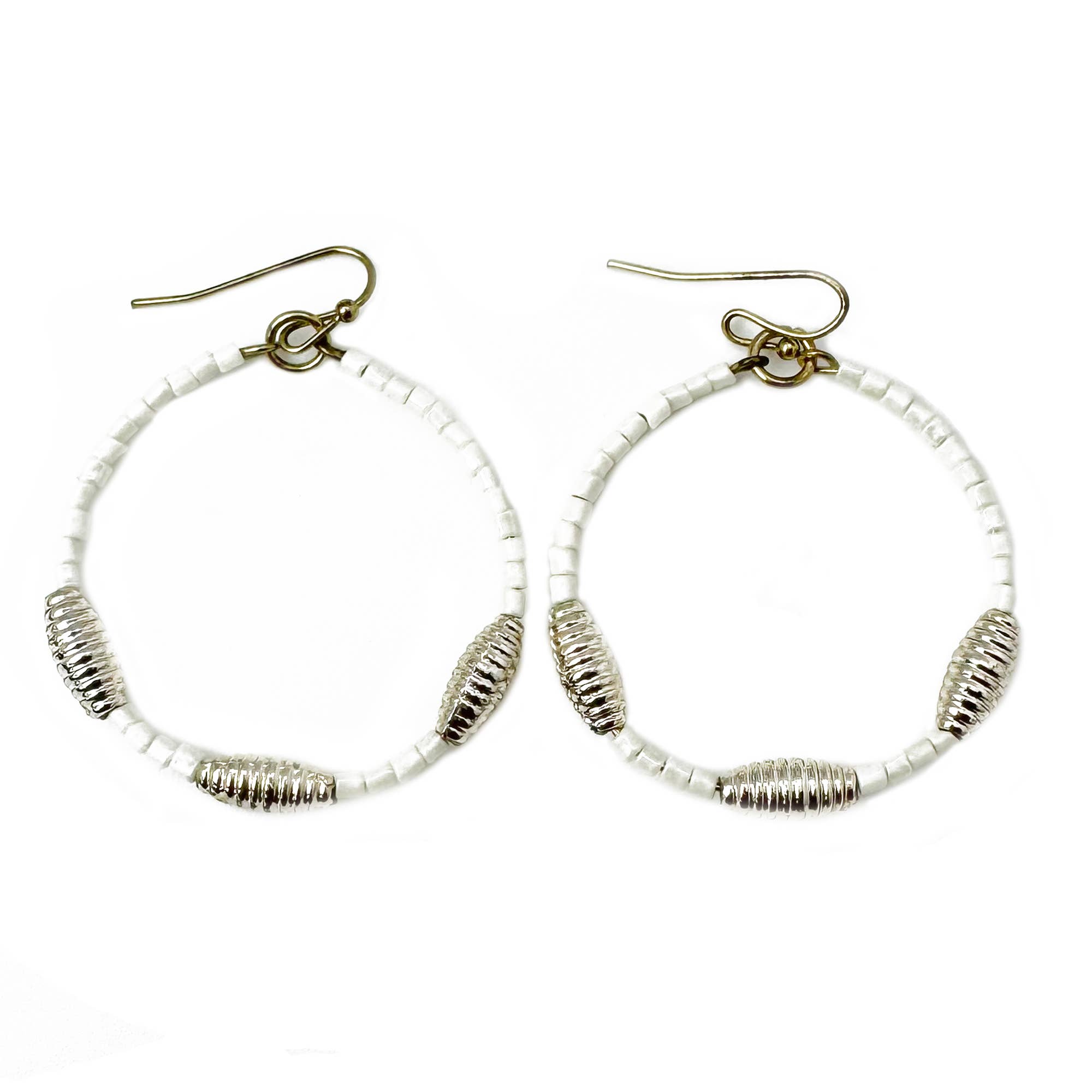 Seed Bead Hoop Earrings - White