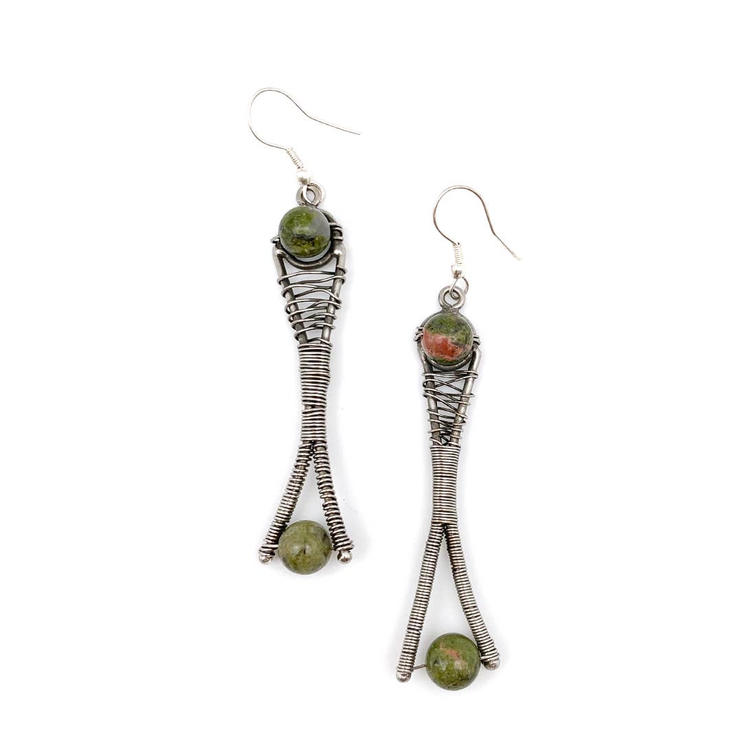 Wire-Wrapped Stone Earrings - Antique Silver, Unakite