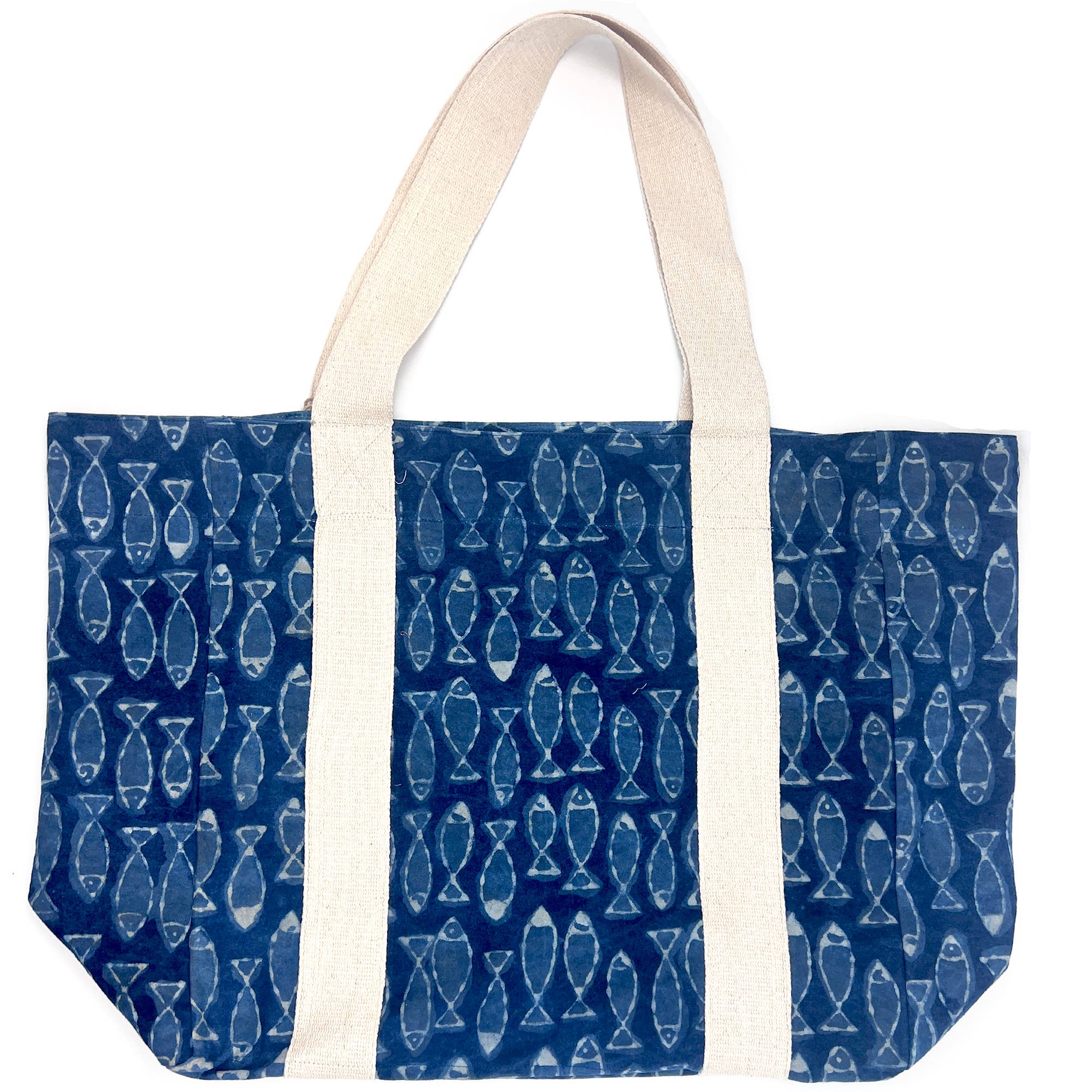 Handcrafted Canvas Bag with Block-Printed Deep Blue Fish
