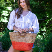 Florence Hand Bag - Natural/Coral Jute Bag with Wood Handle