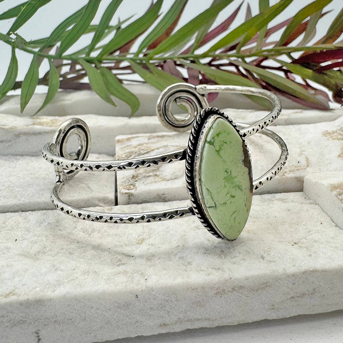 Handcrafted Kashi Semiprecious Stone Cuff -Lemon Chrysoprase