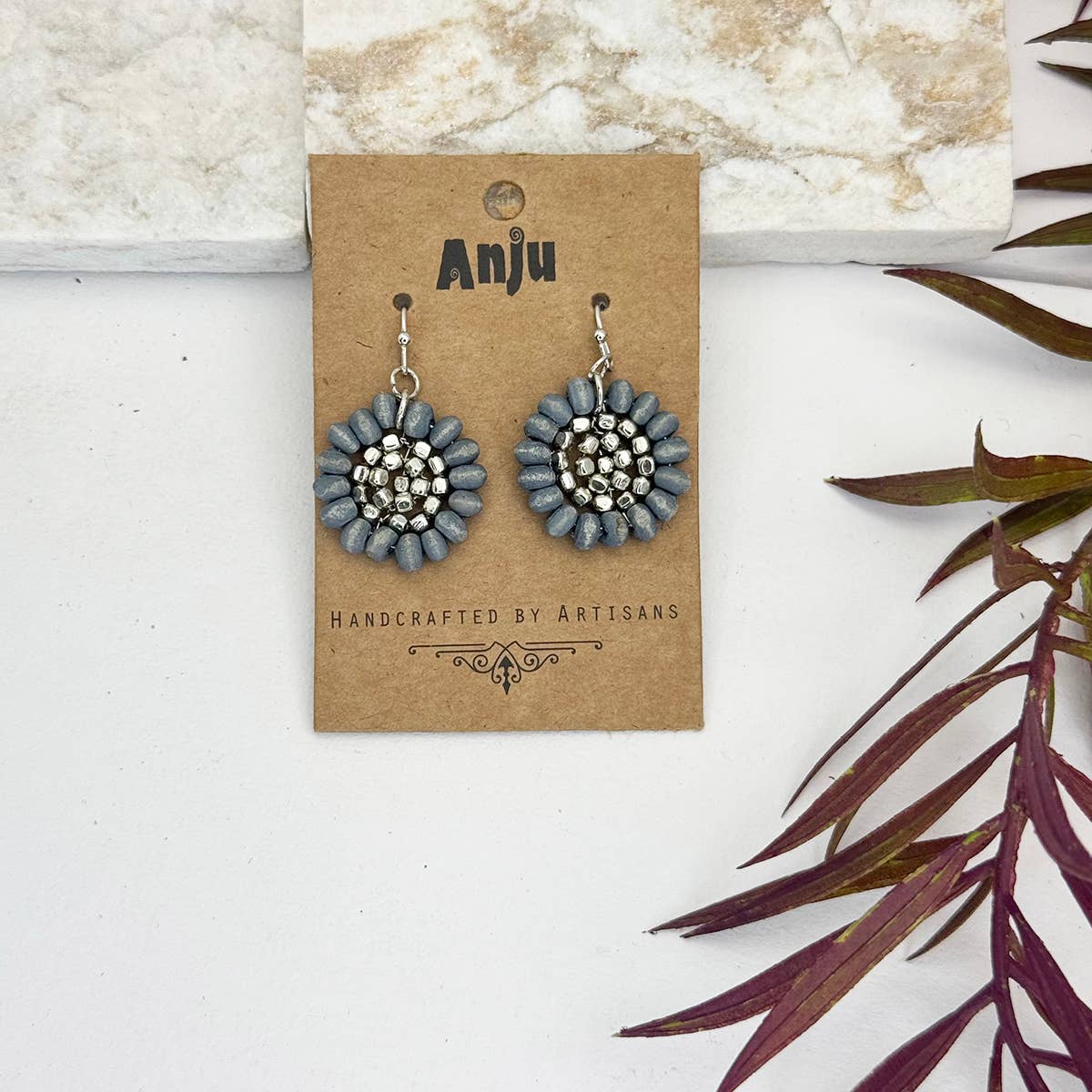 Sachi Wood Bead Flower Earrings - Grey