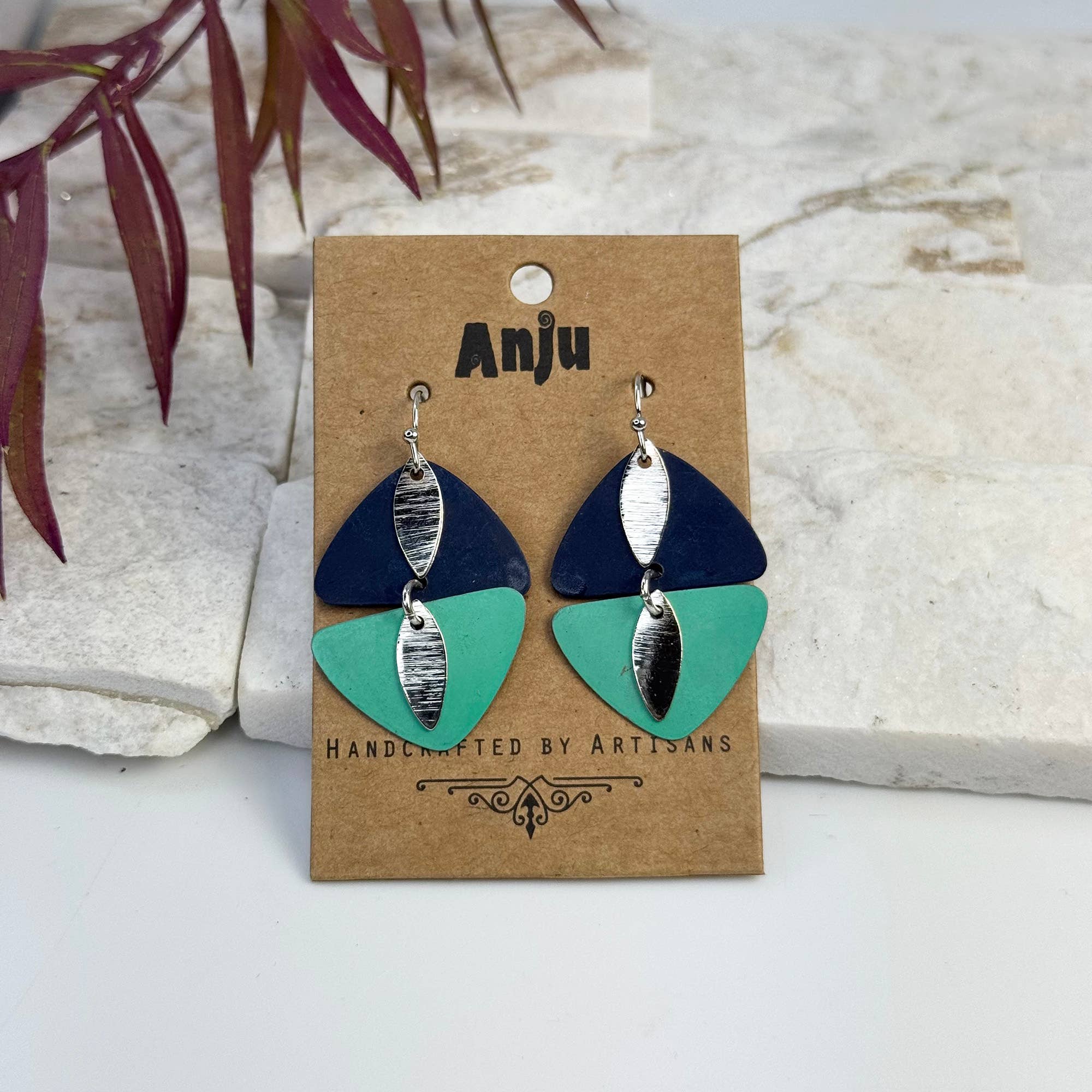 Handcrafted Navy & Teal Patina Mirrored Triangle Earrings