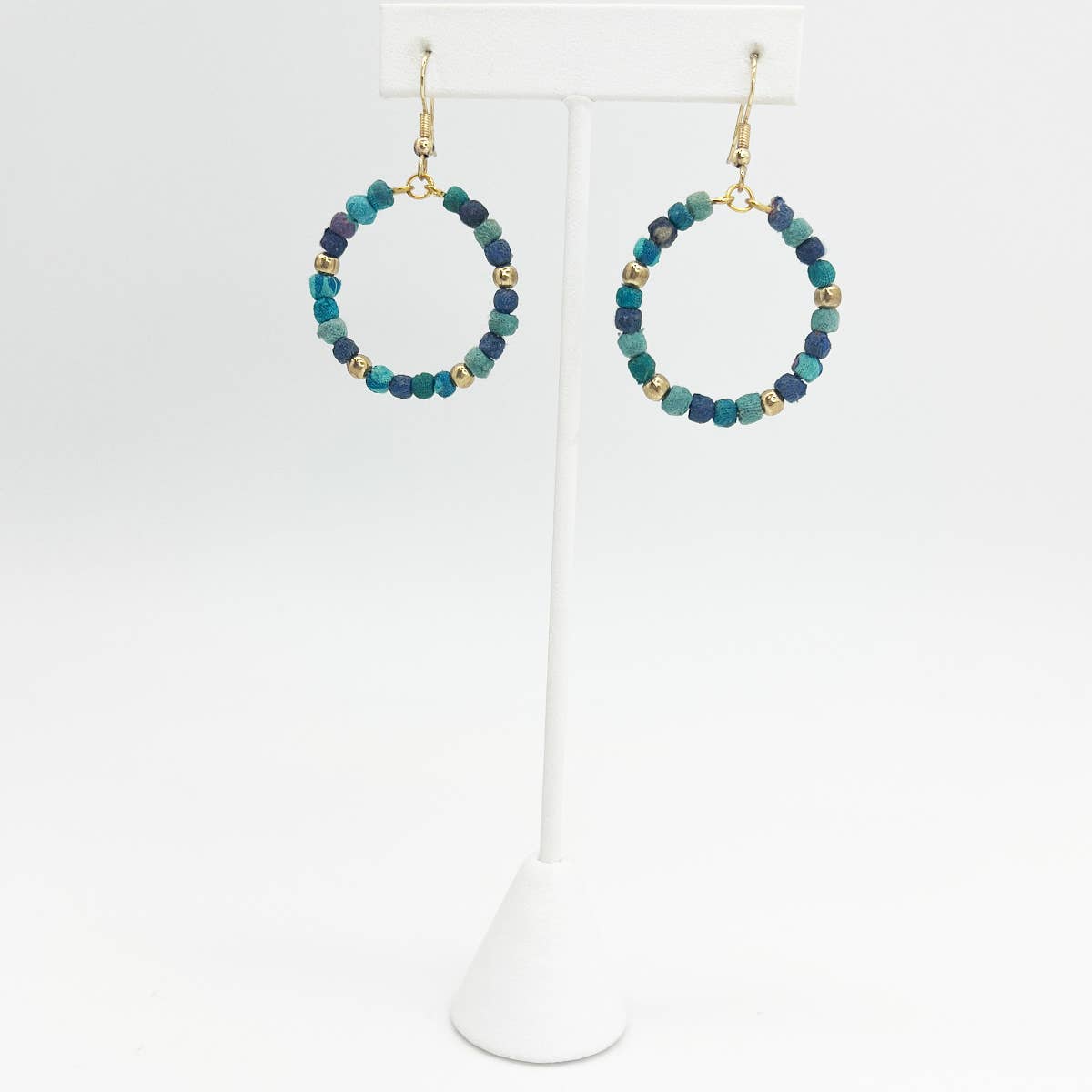 Aasha Aqua Small Beaded Hoop Kantha Earrings