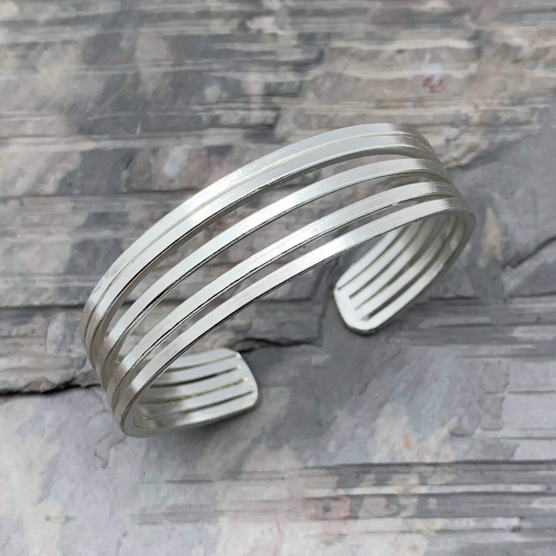 Silver Plated Adjustable Cuff Bracelet - Five Thin Bands