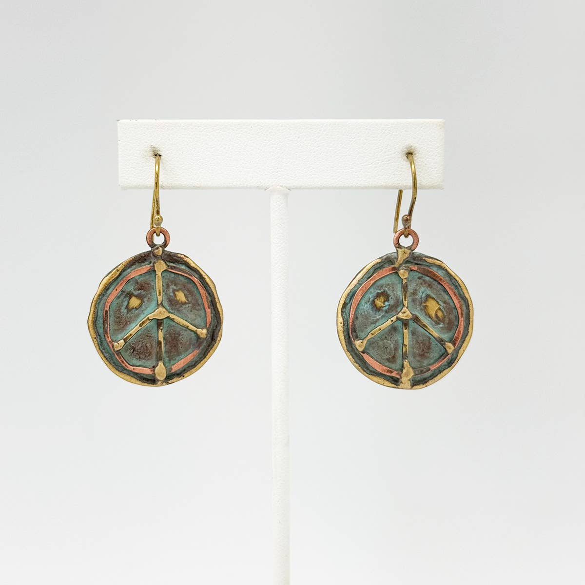 Handcrafted Verdigris Peace Sign Brass Patina Earrings