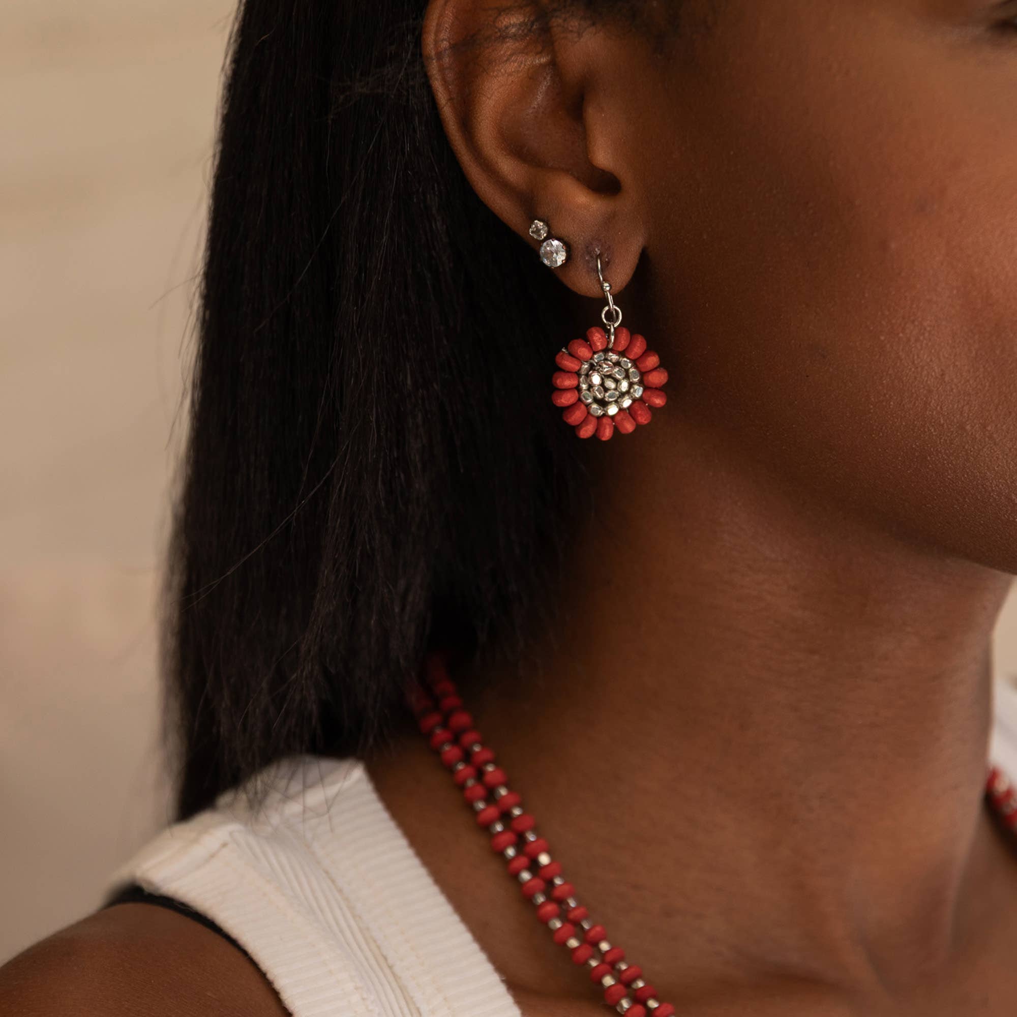 Sachi Wood Bead Flower Earrings - Red