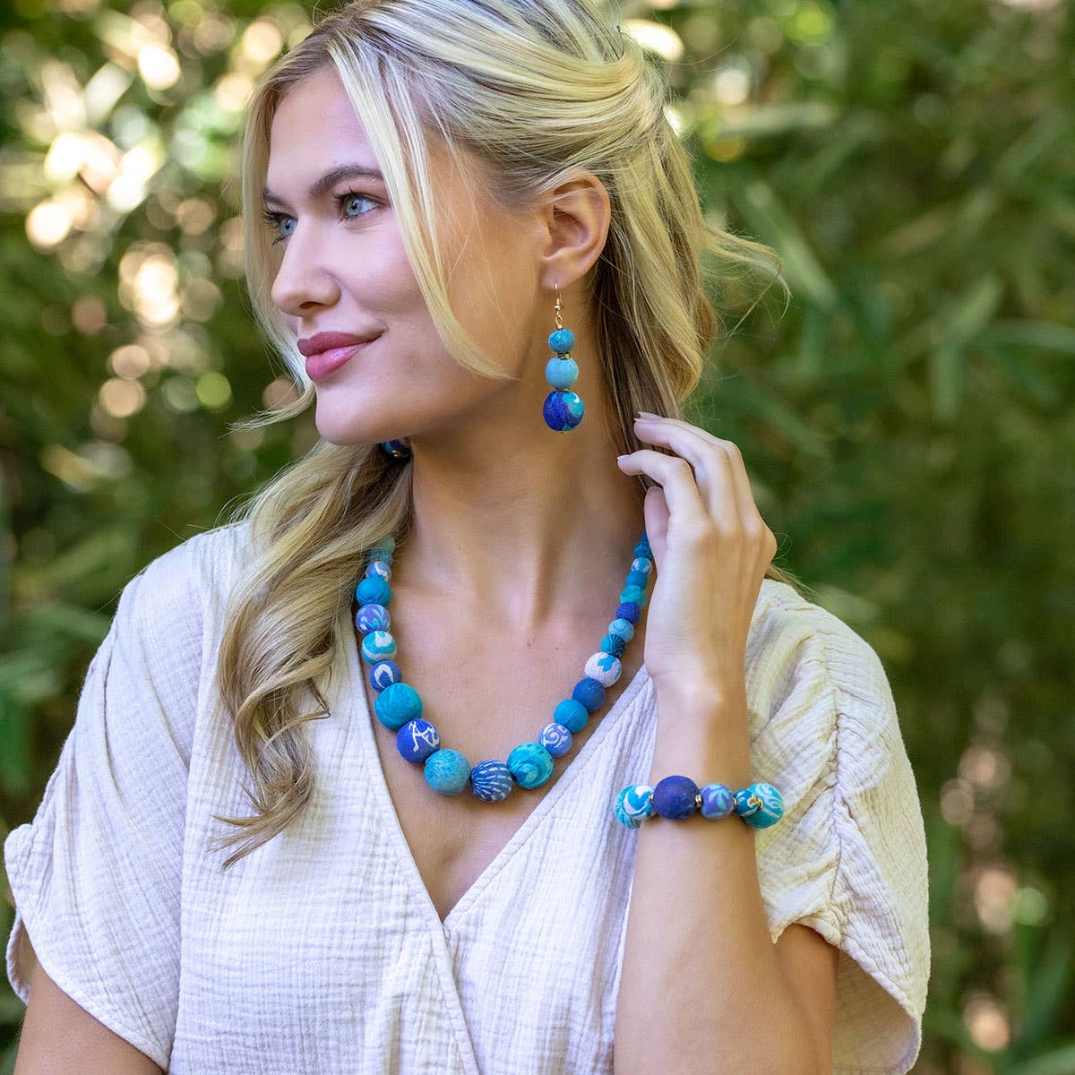 Aasha Cascade Aqua Kantha Beaded & Handcrafted Necklace