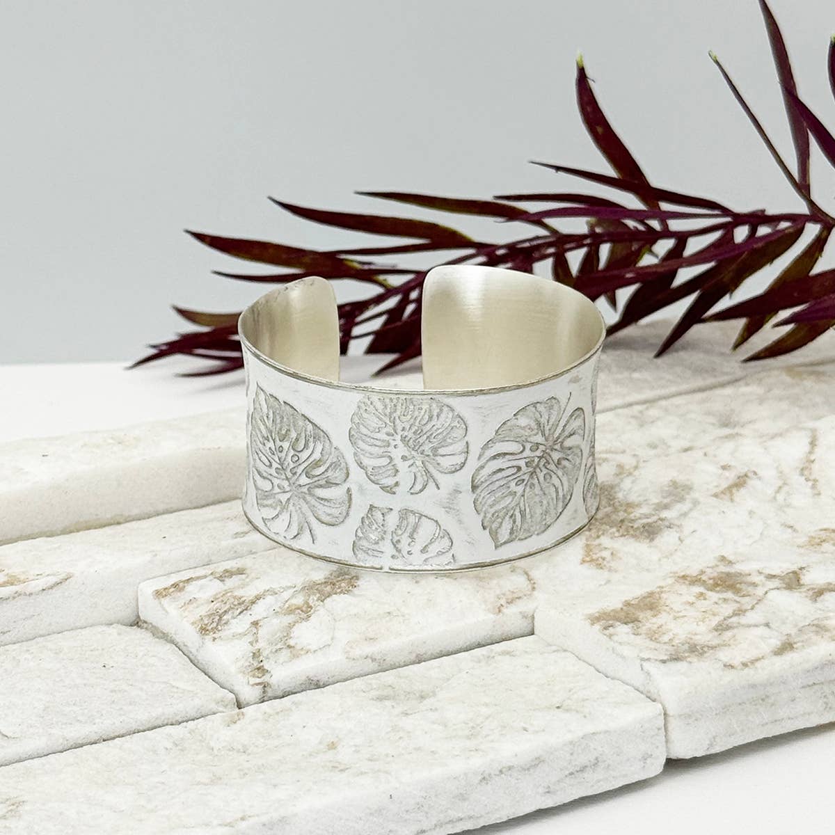 Handcrafted White Monstera Leaf Patina Bracelet