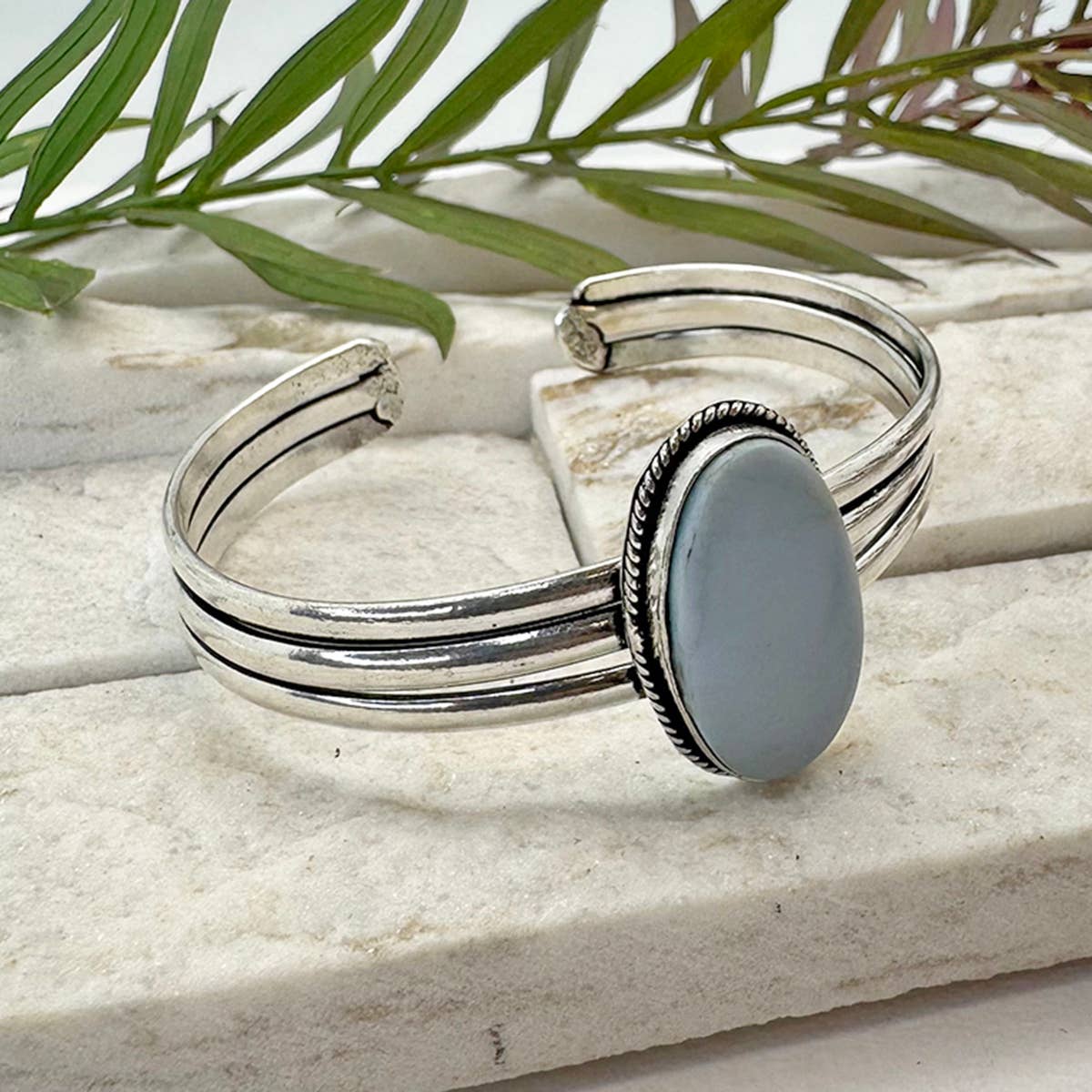 Handcrafted Kashi Semiprecious Stone Cuff - Blue Opal