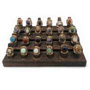 Semi Precious Stone Cuff Rings and Wooden Display - 24 Rings