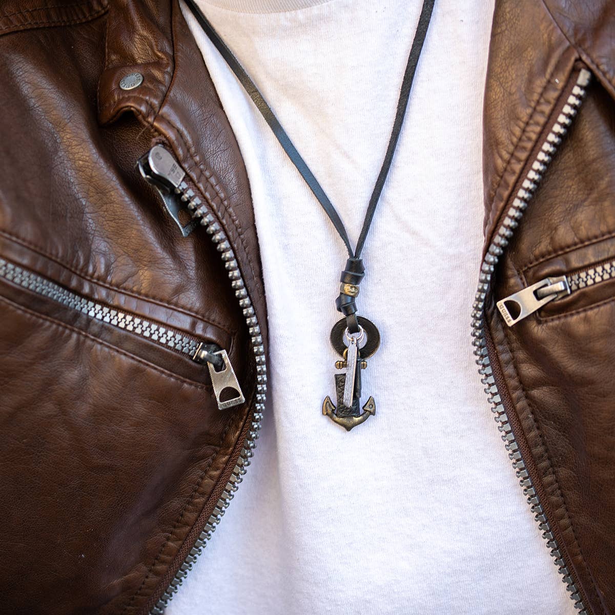 Aadi Black Leather Anchor and Charms Men's Necklace