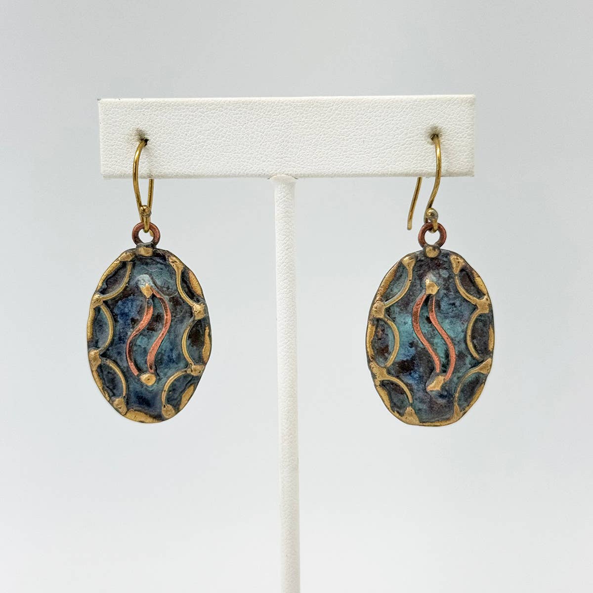 Handcrafted Rustic Blue & Copper Swirl Brass Patina Earrings