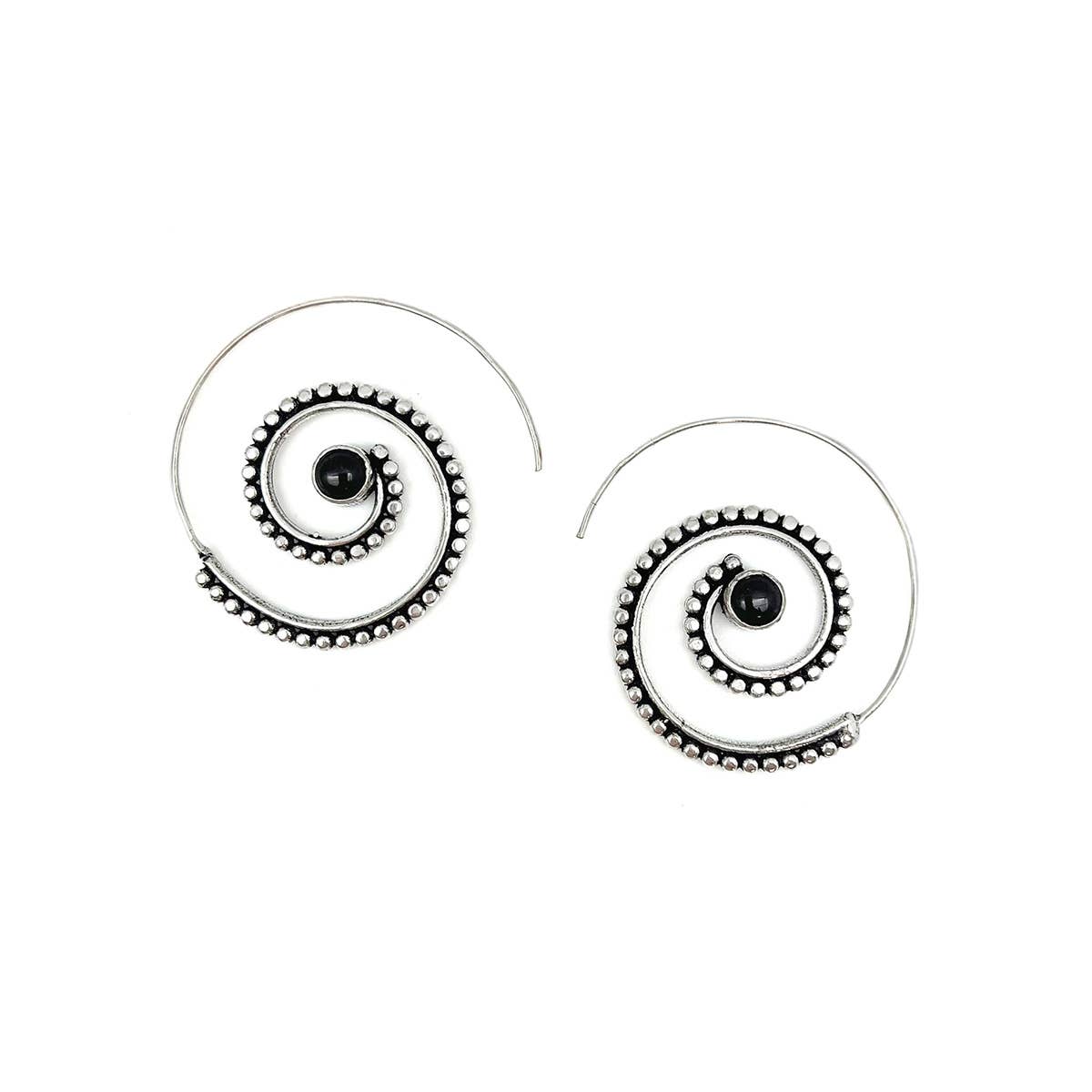 Tanvi Collection Earrings - Black Onyx Silver Dots Open Hoop