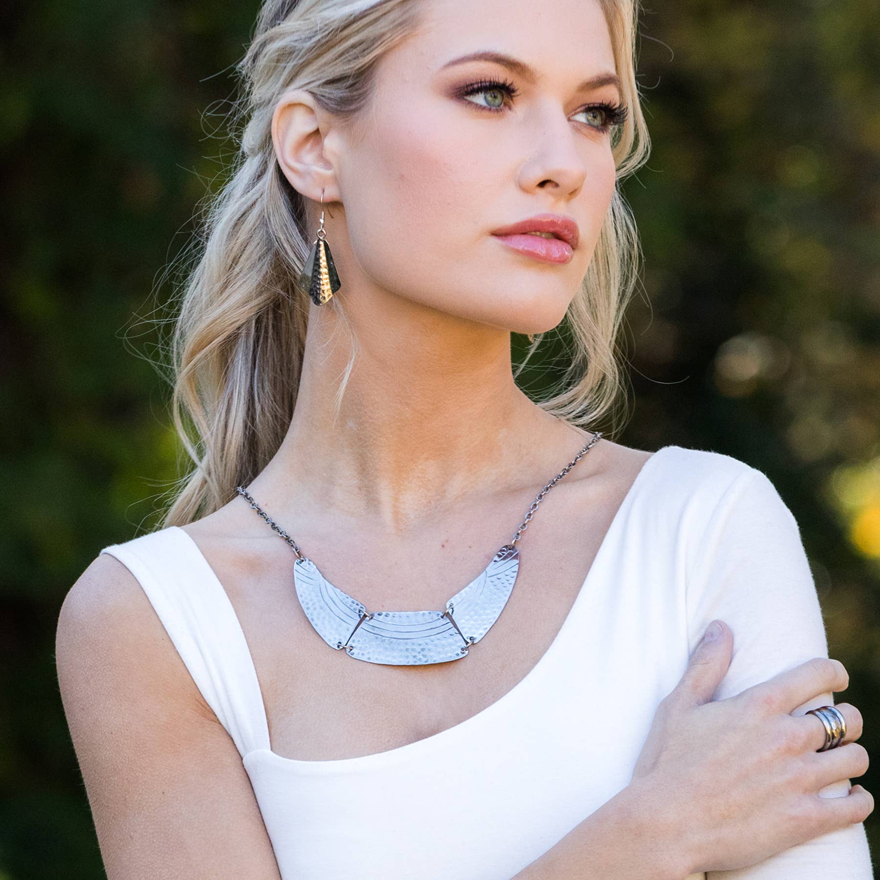 Kashi Antique Silver Embossed Necklace - Hammered Bib