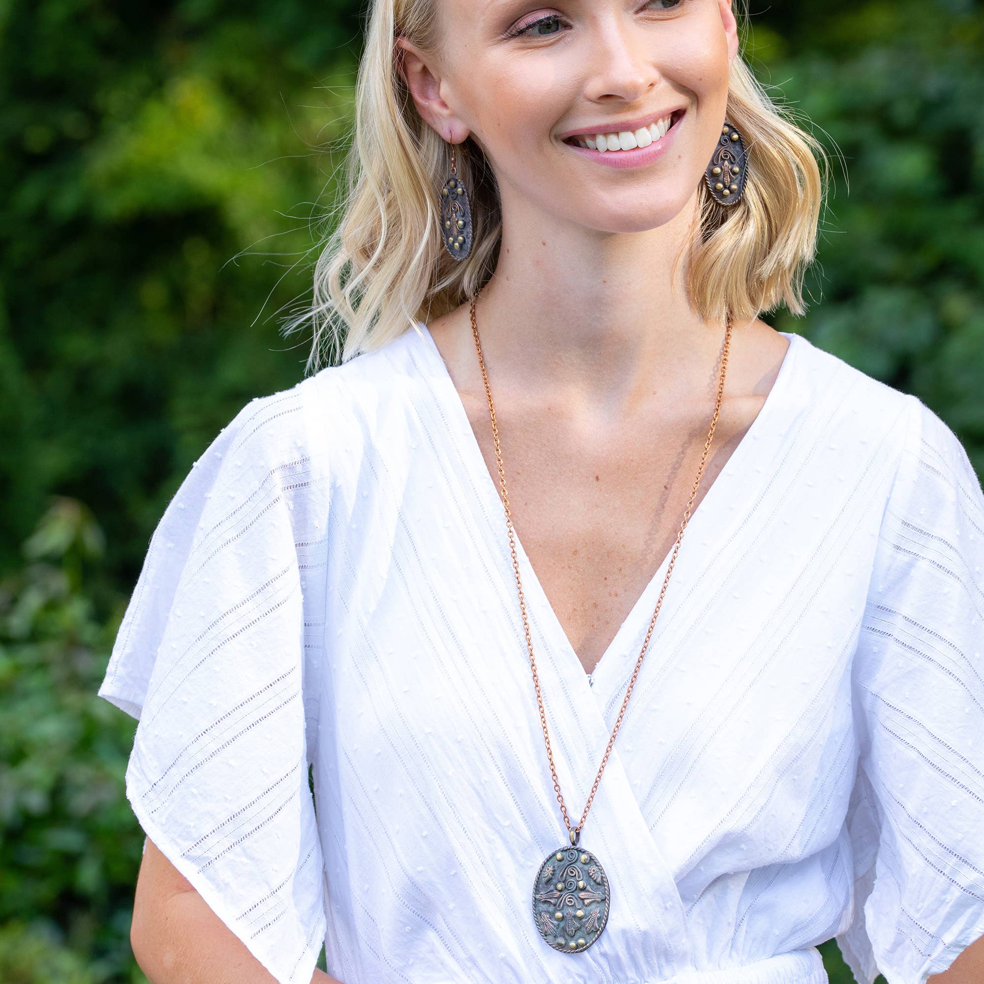 Copper Patina Necklace - Teal Filigree Wavy Lines Pendant