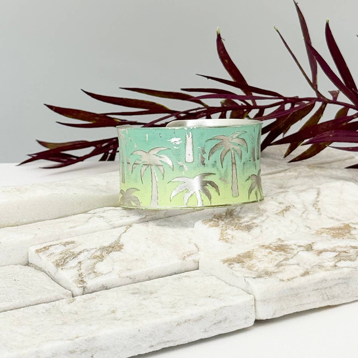 Handcrafted Green & Yellow Palm Tree Patina Bracelet