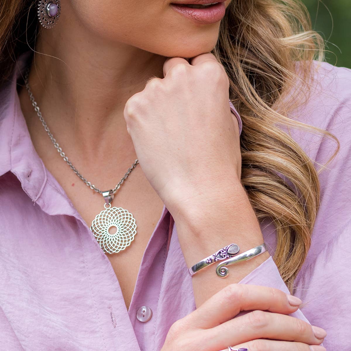 Tanvi Collection Bangle Bracelet - Silver with Rose Quartz