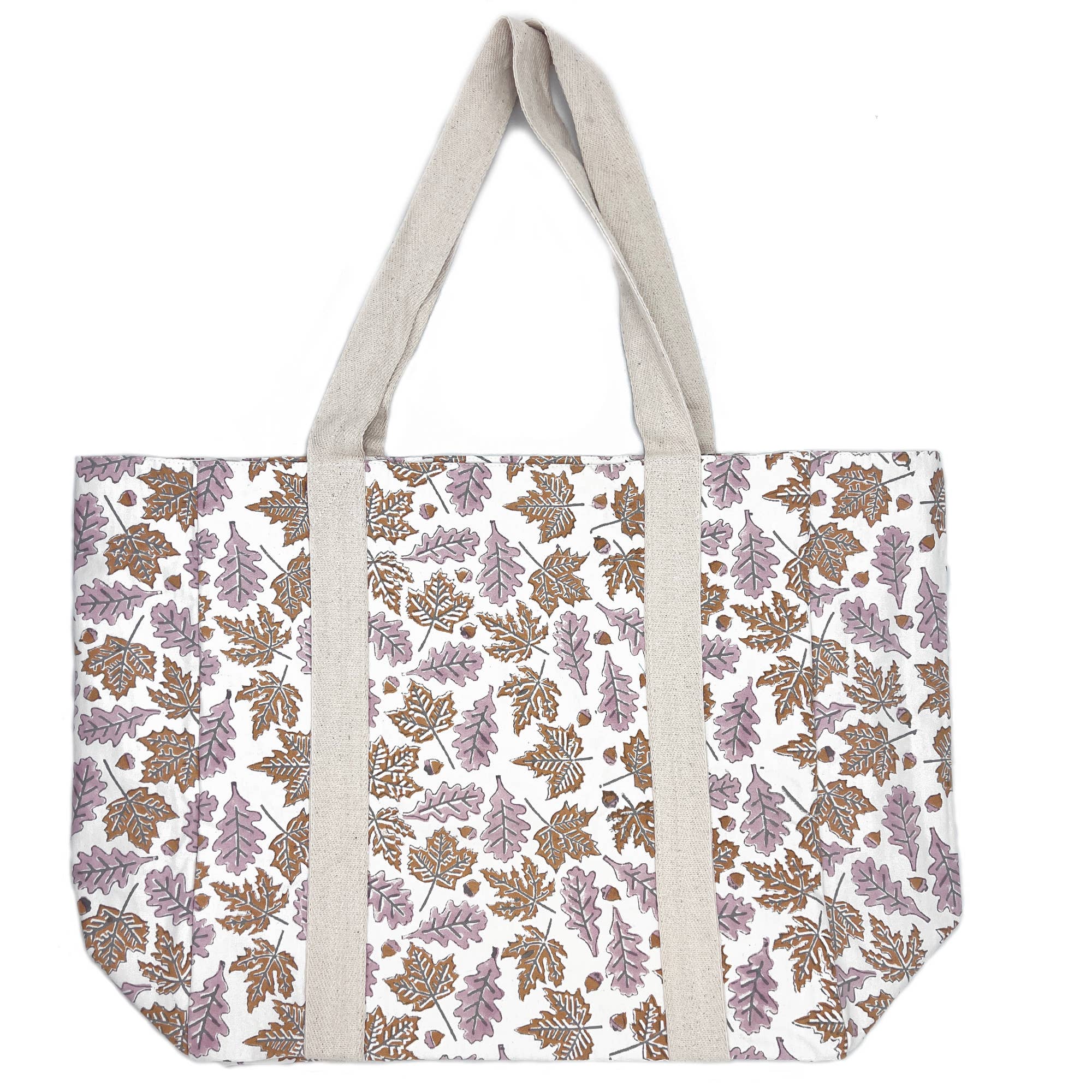 Handcrafted Canvas Bag with Block-Printed Leaves pattern