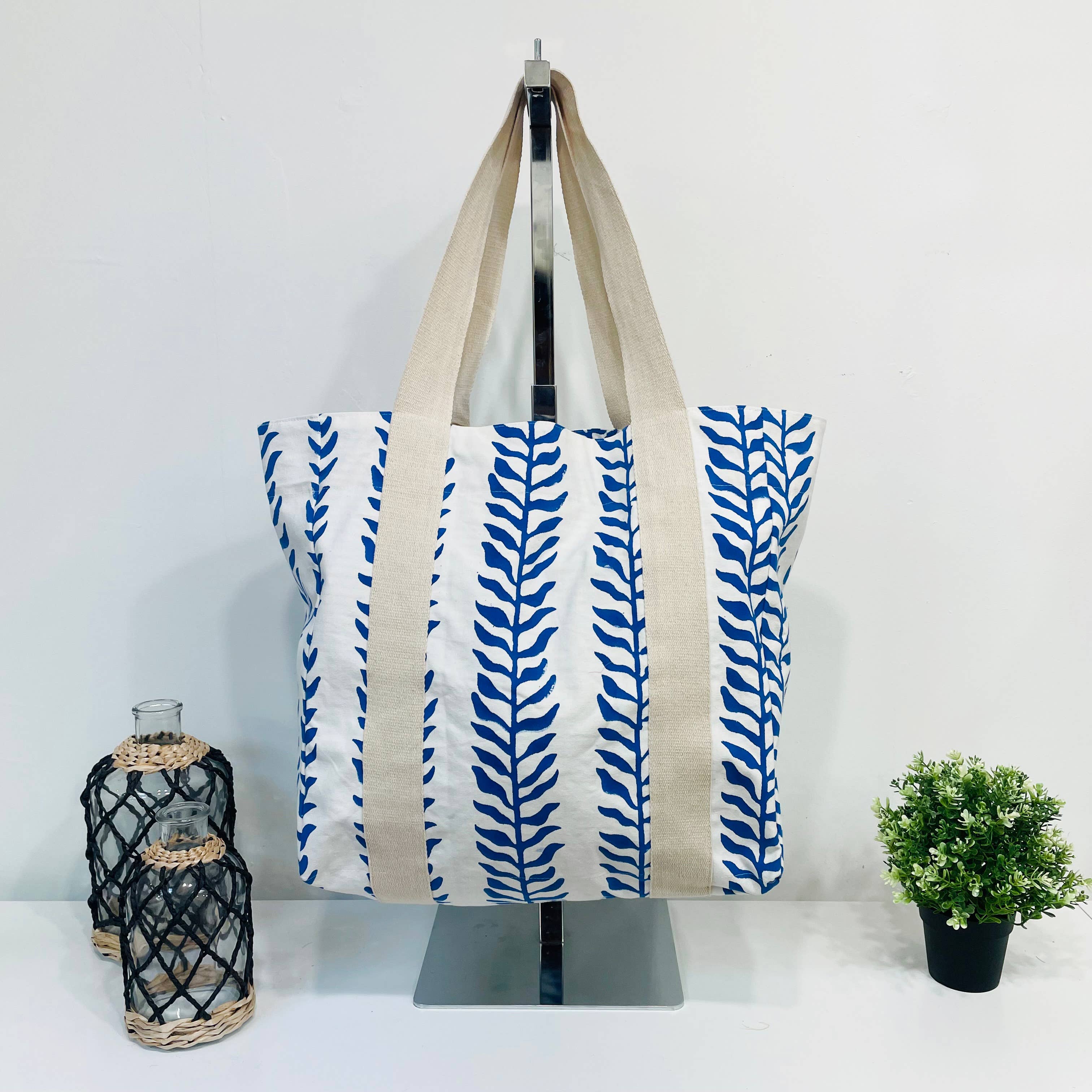 Handcrafted Canvas Bag with Block-Printed Seaside Serenity