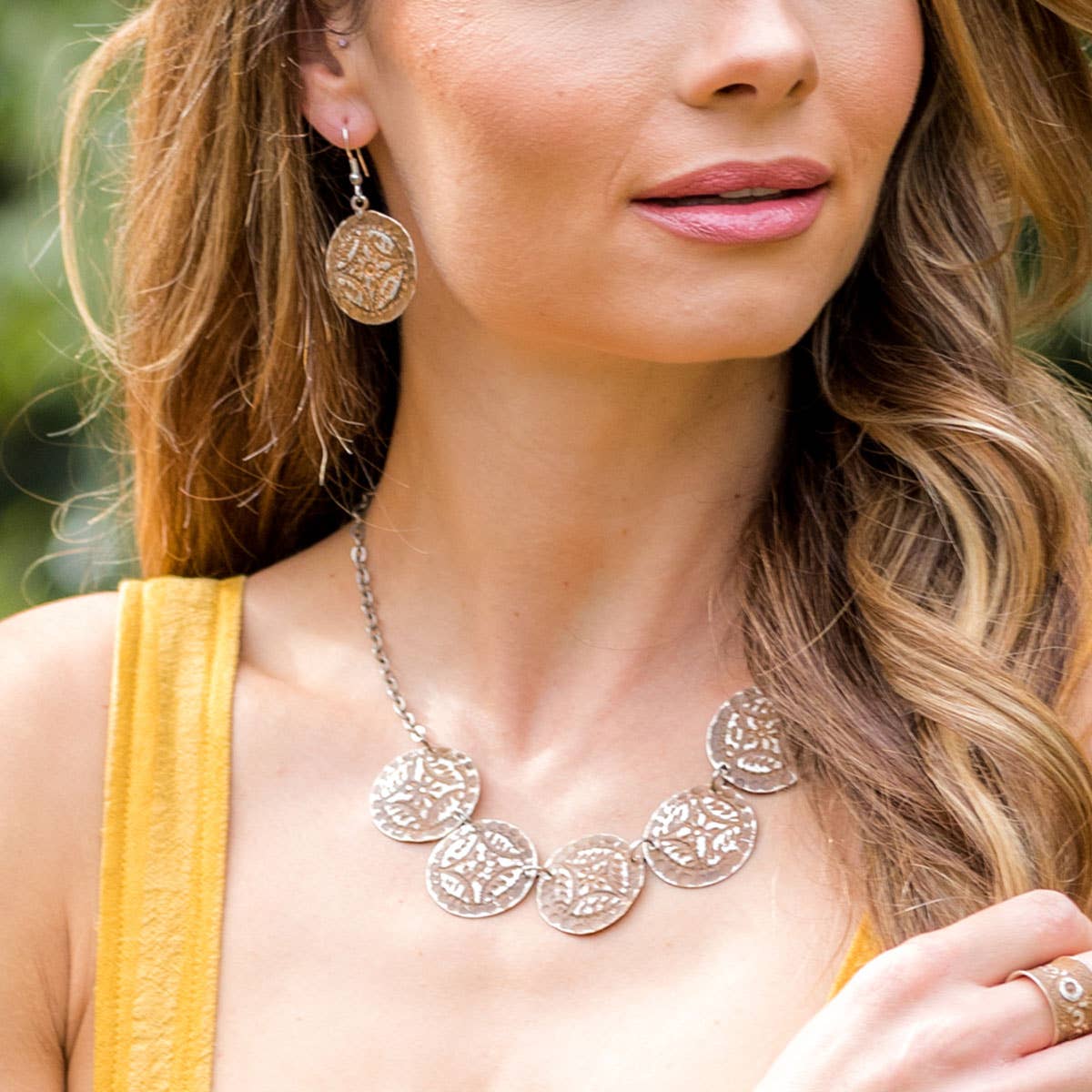 Silver Patina Necklace - Five Brown Medallions