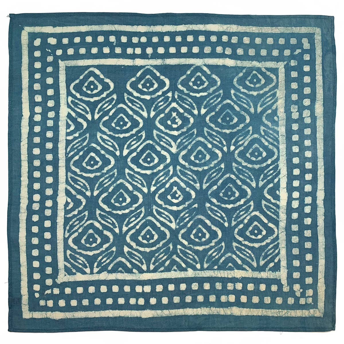 Block Printed Bandana - Indigo Floral Leaves Square Border
