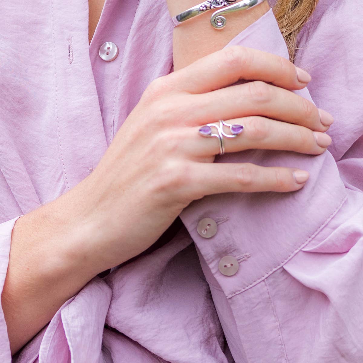 Tanvi Collection Ring - Silver with Double Amethyst