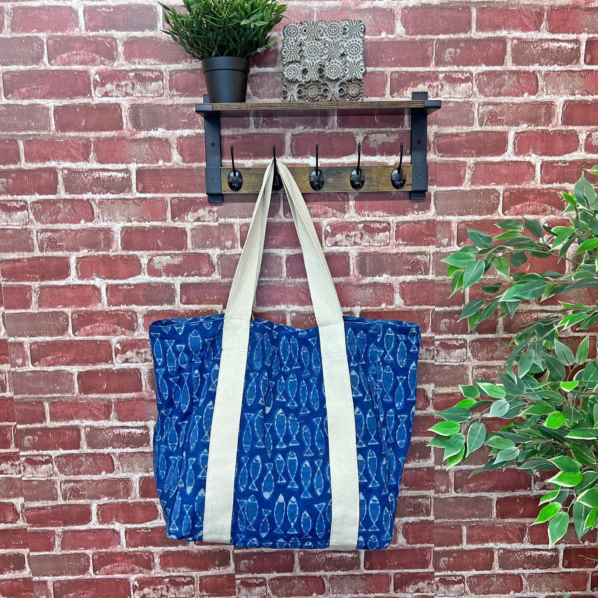 Handcrafted Canvas Bag with Block-Printed Deep Blue Fish