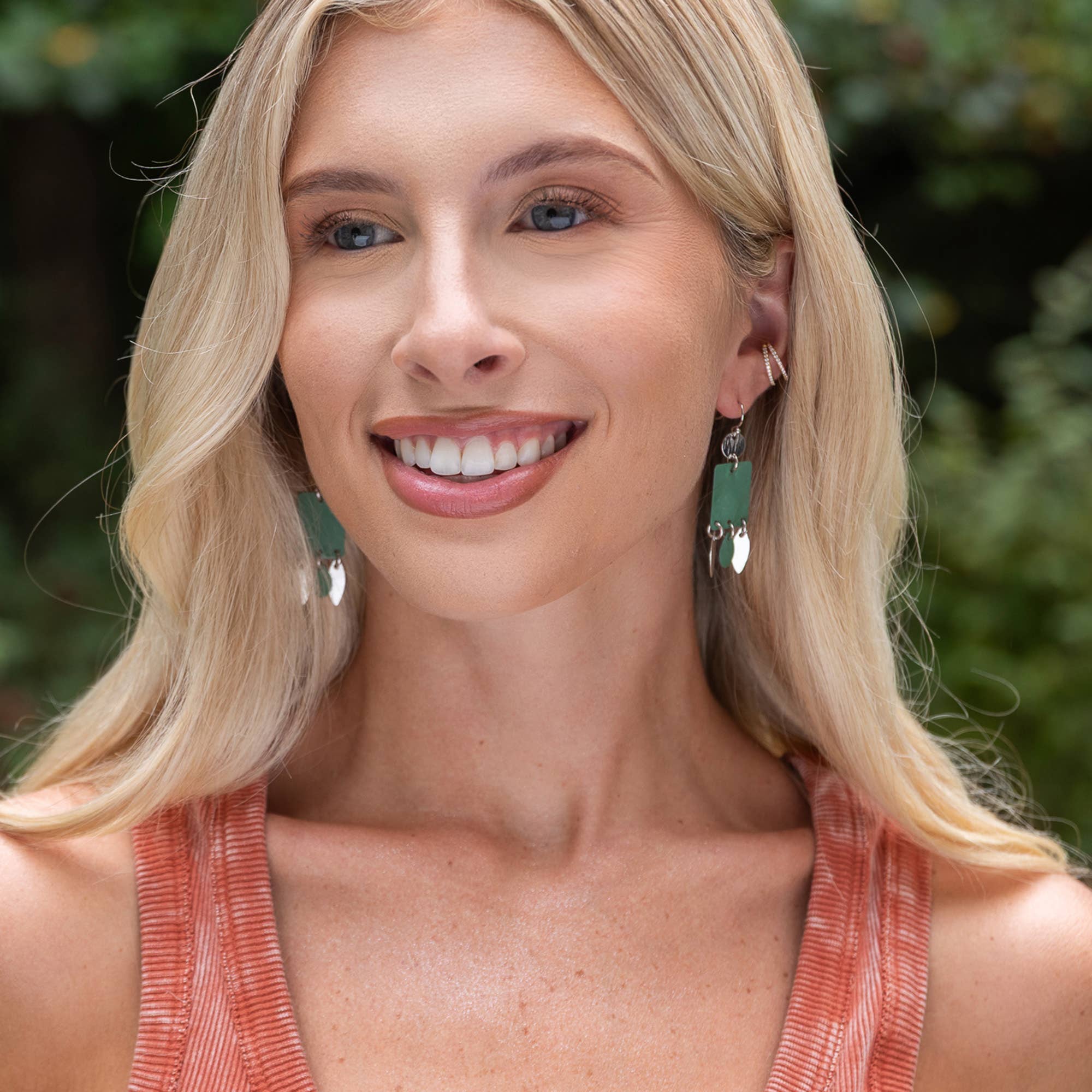 Handcrafted Green Patina Rectangle Leaf Dangle Earrings