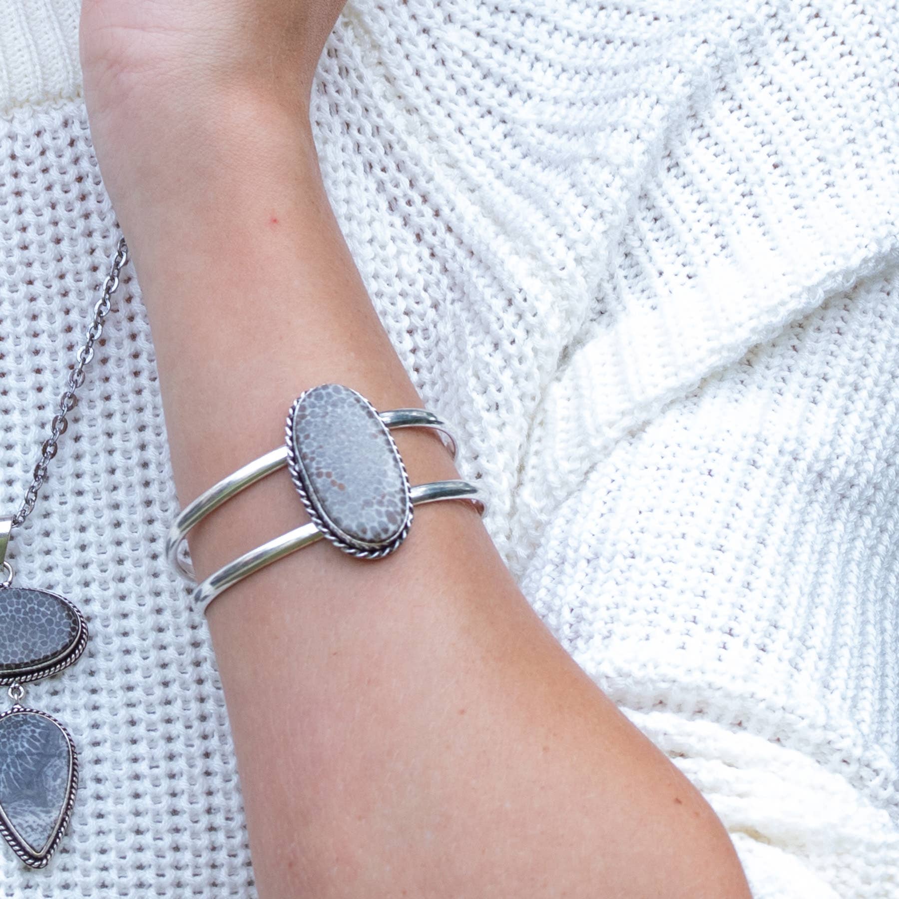 Kashi Semiprecious Stone Cuff Bracelet - Black Fossil Coral