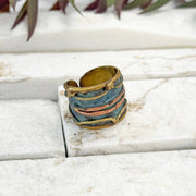 Handcrafted Rustic Blue & Copper Wave Brass Patina Ring