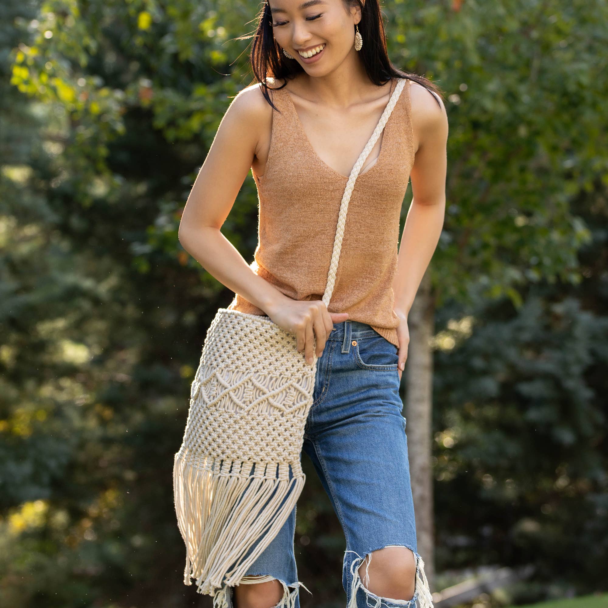 Josie Bag - Macrame Sling Bag with Fringes - Off White