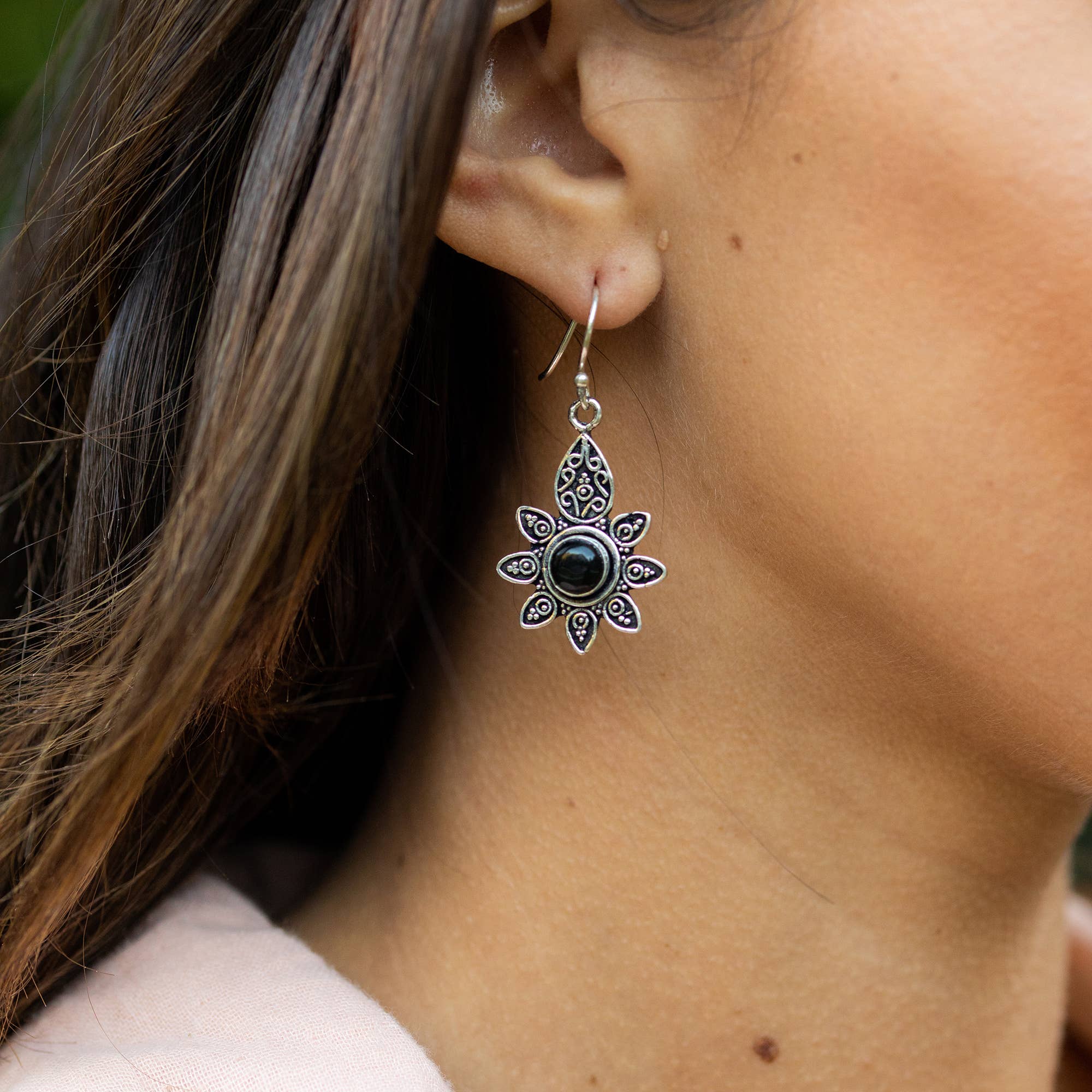 Tanvi Silver Dark Petal Frame with Black Onyx Earrings