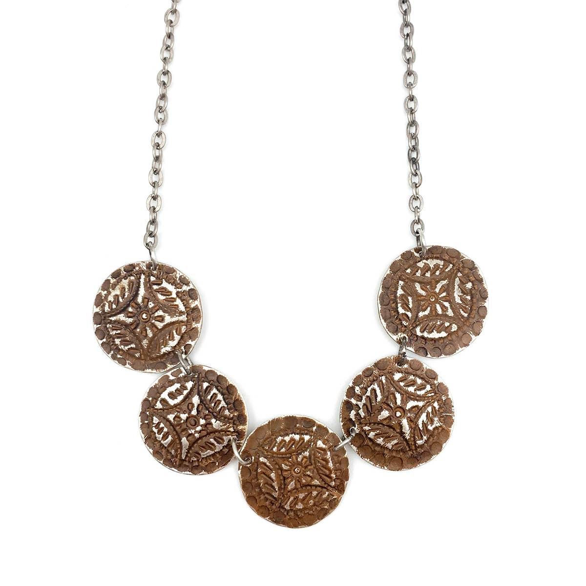 Silver Patina Necklace - Five Brown Medallions