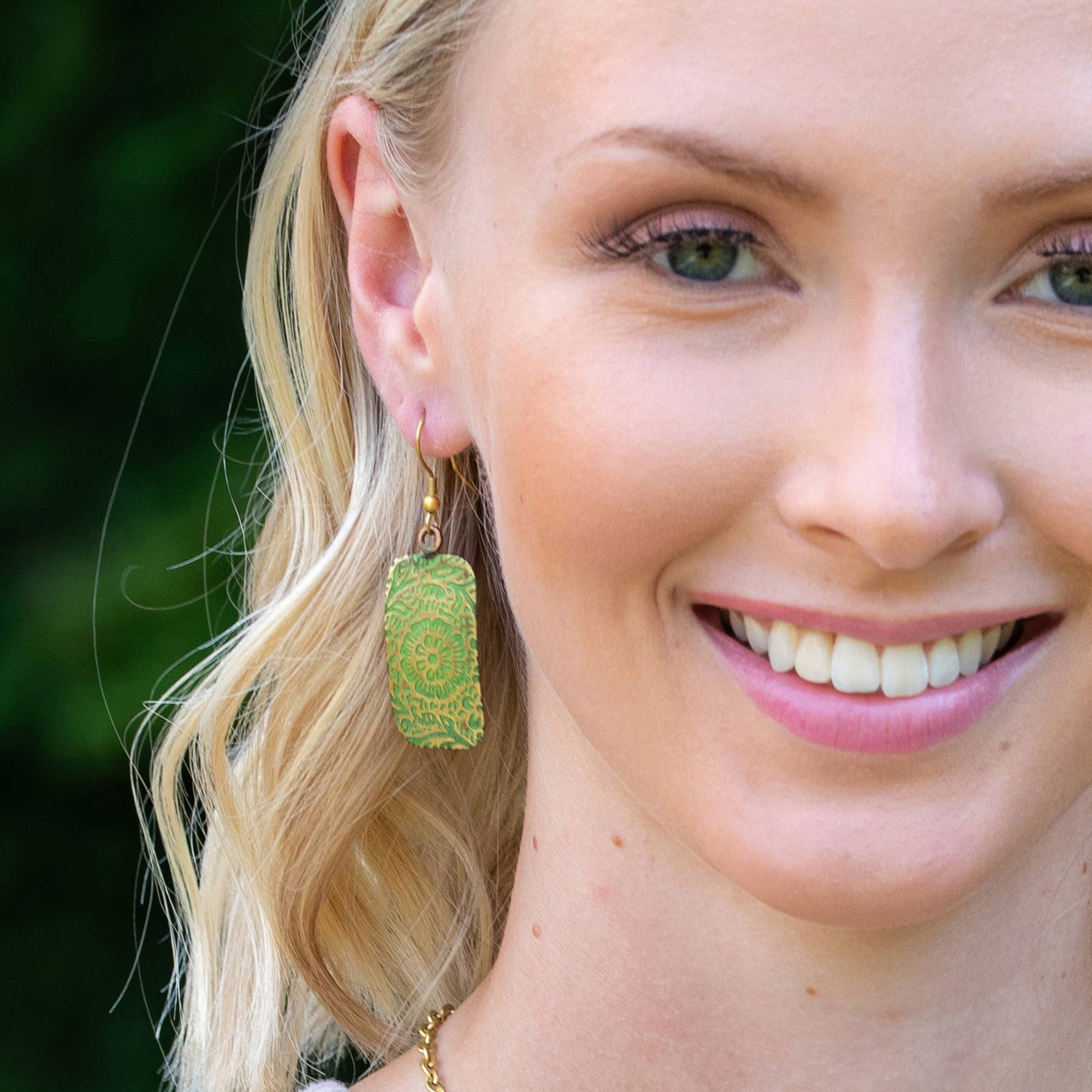Brass Patina Earrings - Chartreuse Floral Scrollwork