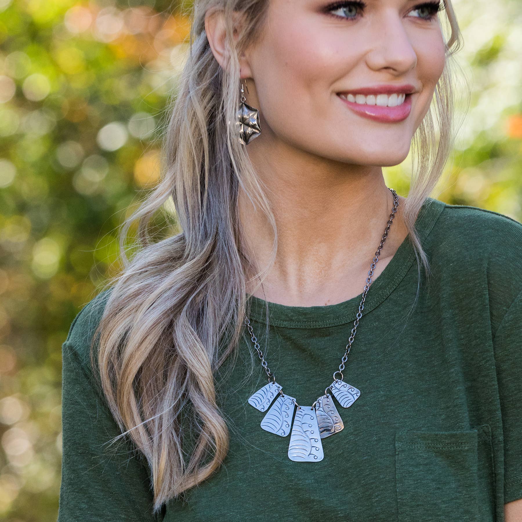 Kashi Antique Silver Embossed Necklace - Curly Rectangles