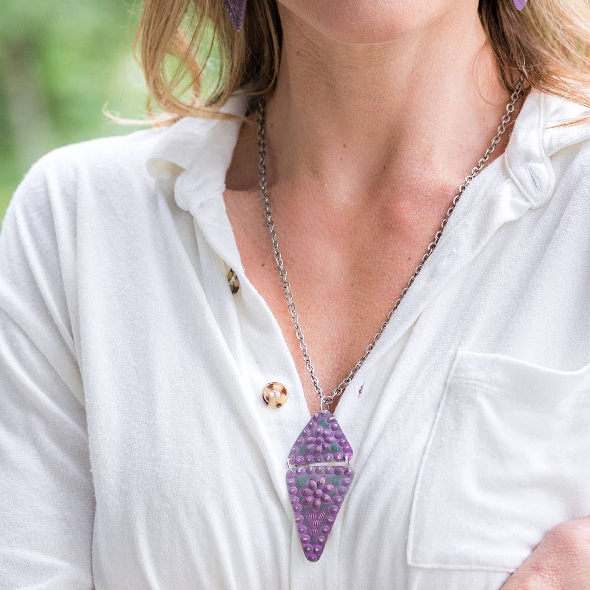 Silver Patina Necklace - Purple Pieced Diamond