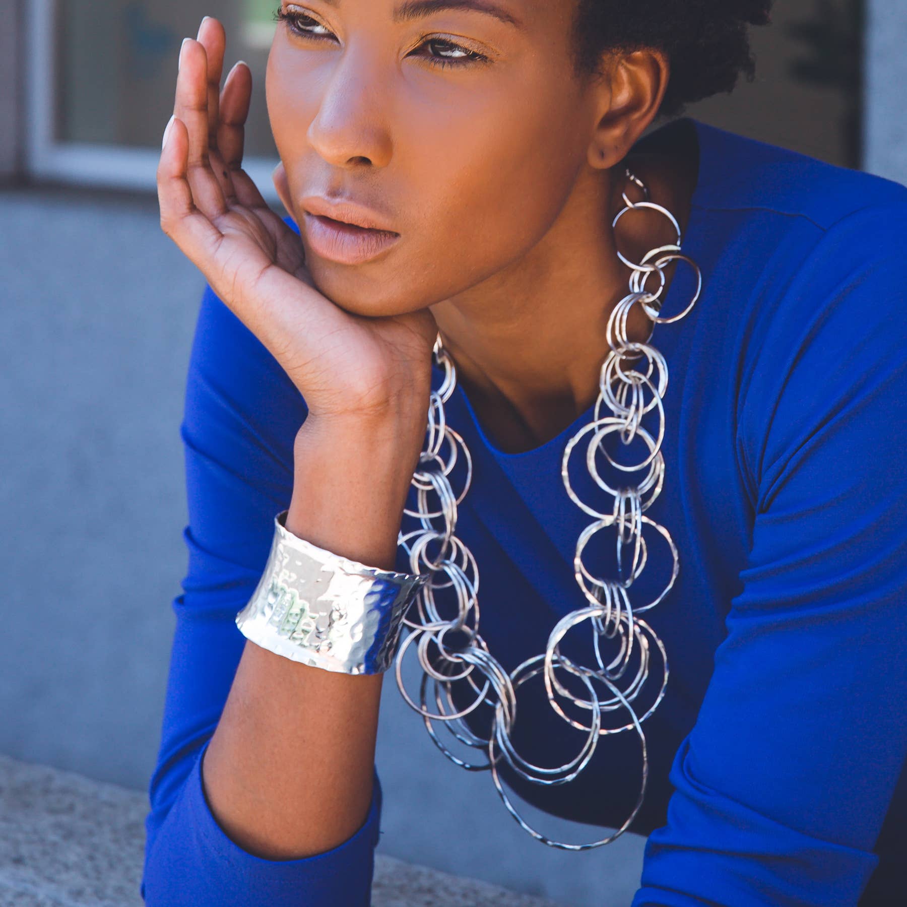 Hammered Silver Plated Rings Statement Necklace