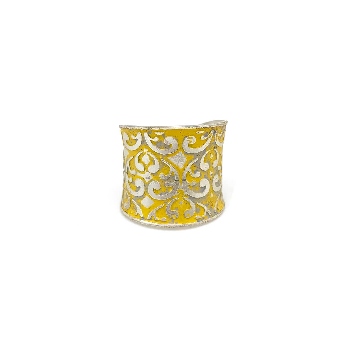 Silver Patina Ring - Yellow Ornate Print