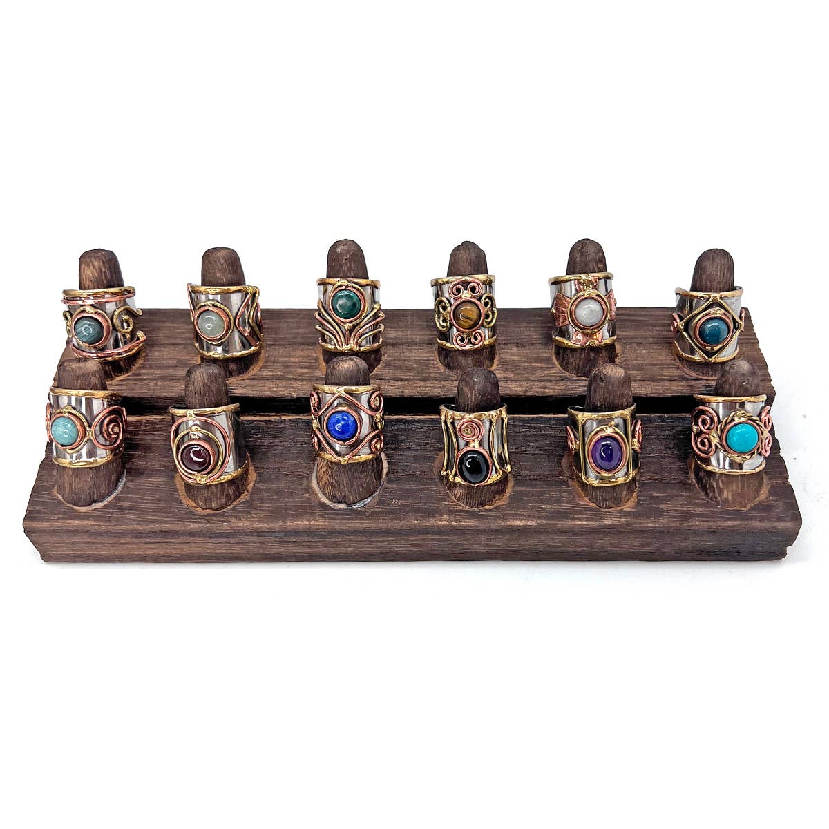 12 Mixed Metal Cuff Rings with Small Stone & Display