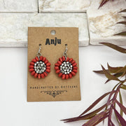 Sachi Wood Bead Flower Earrings - Red