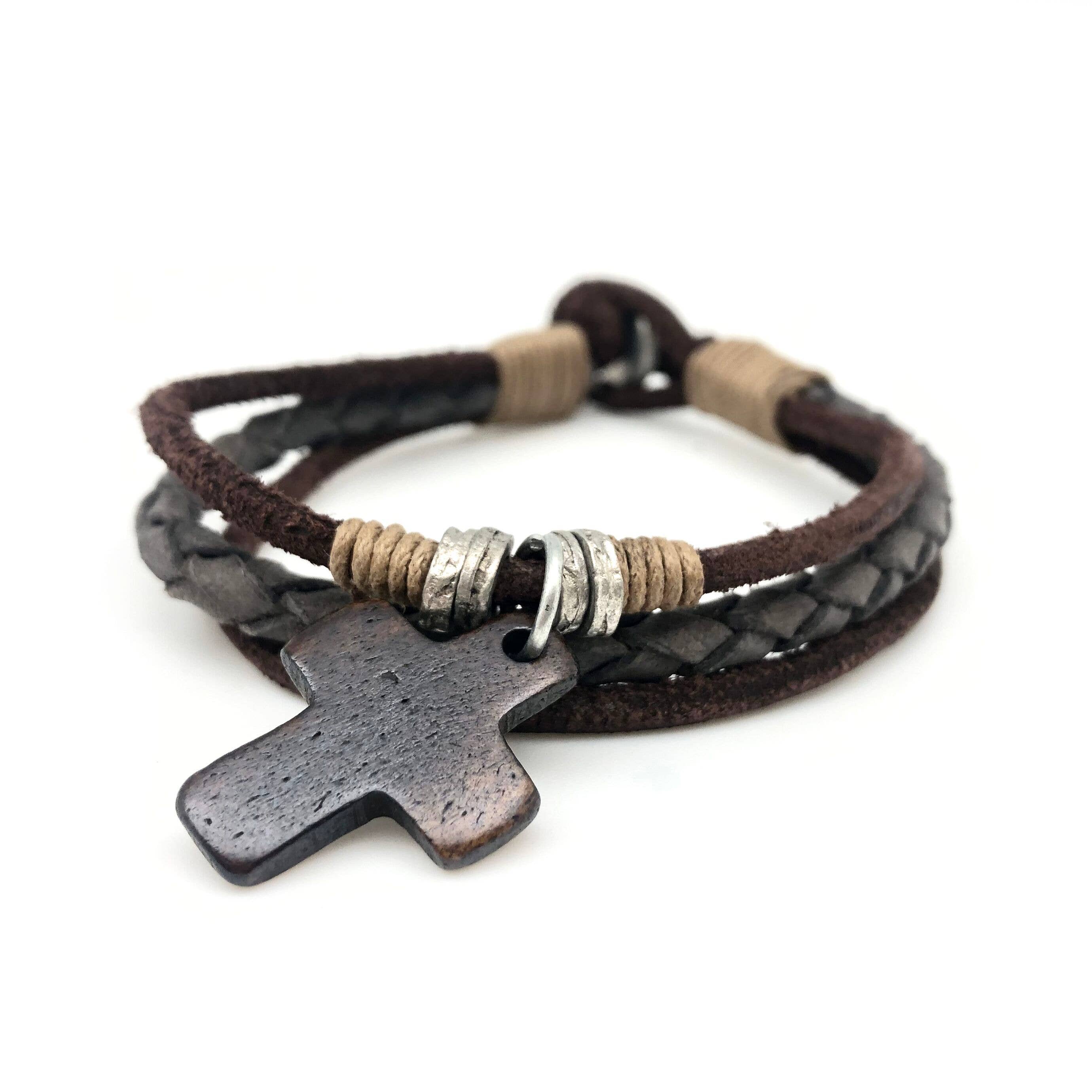 Aadi Brown Wooden Cross and Leather Men's Bracelet