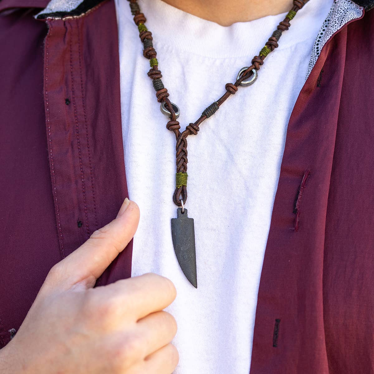 Aadi Knotted Leather and Pewter Charm Men's Necklace