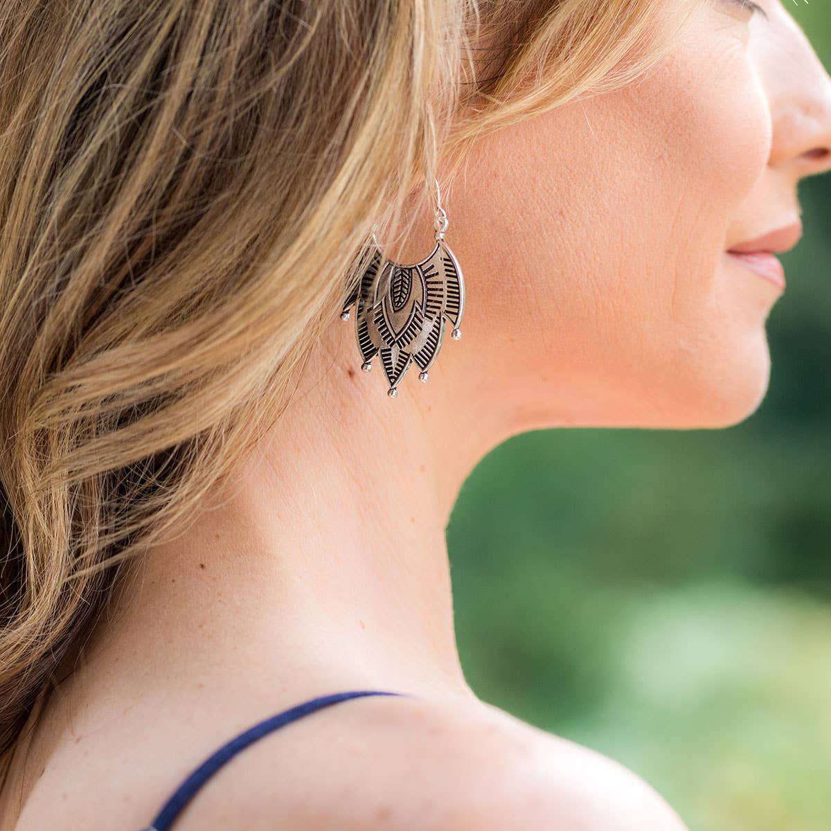 Tanvi Collection Earrings - Silver Striped Pointed Curves