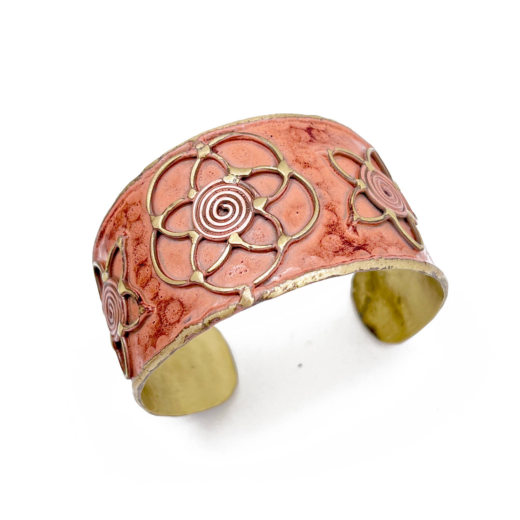 Brass Patina Cuff Bracelet - Peach Lotus