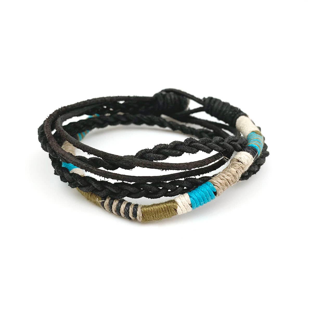 Aadi Bracelet - Black Braids and Aqua/Tan Twine