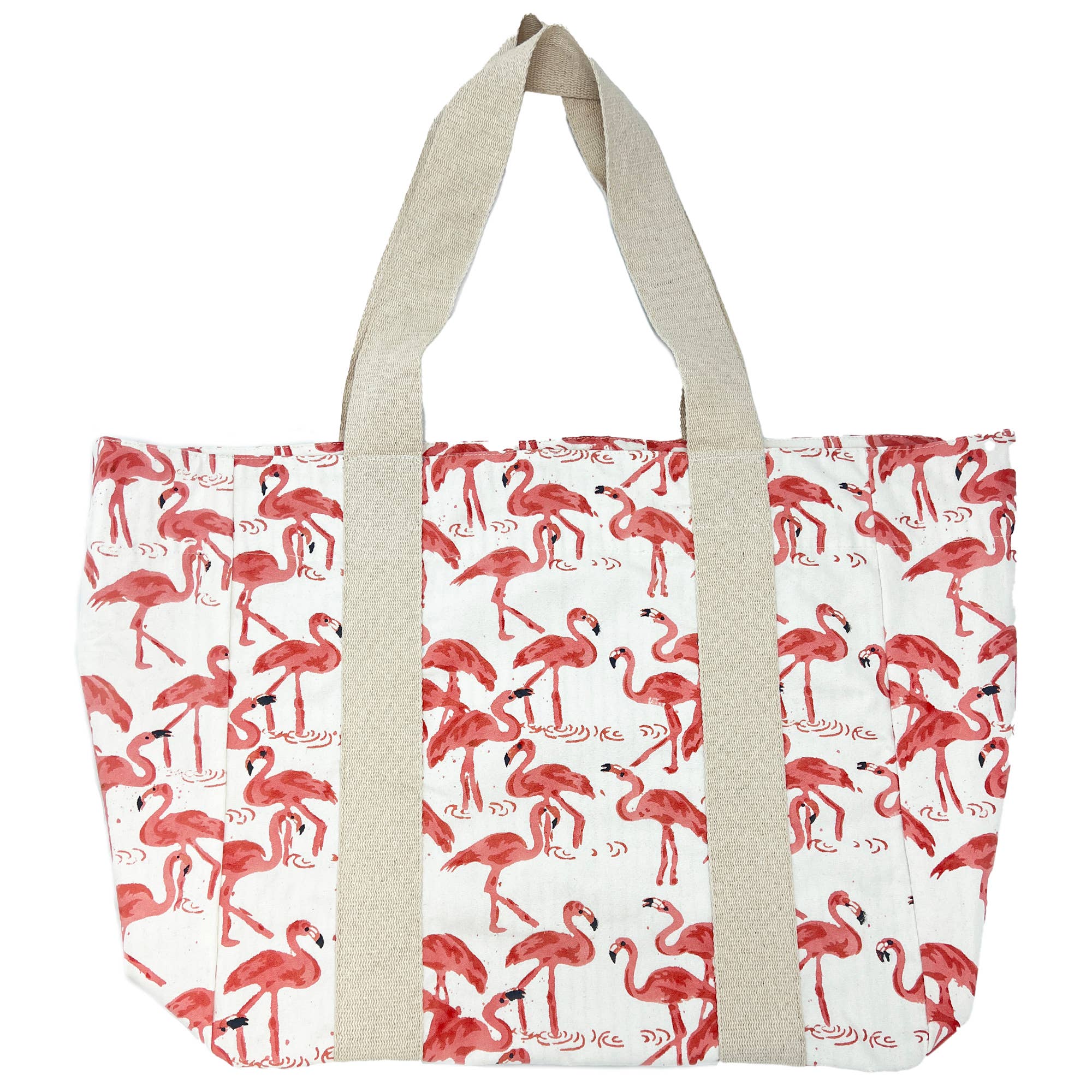 Handcrafted Canvas Bag with Block-Printed  Pink Flamingo