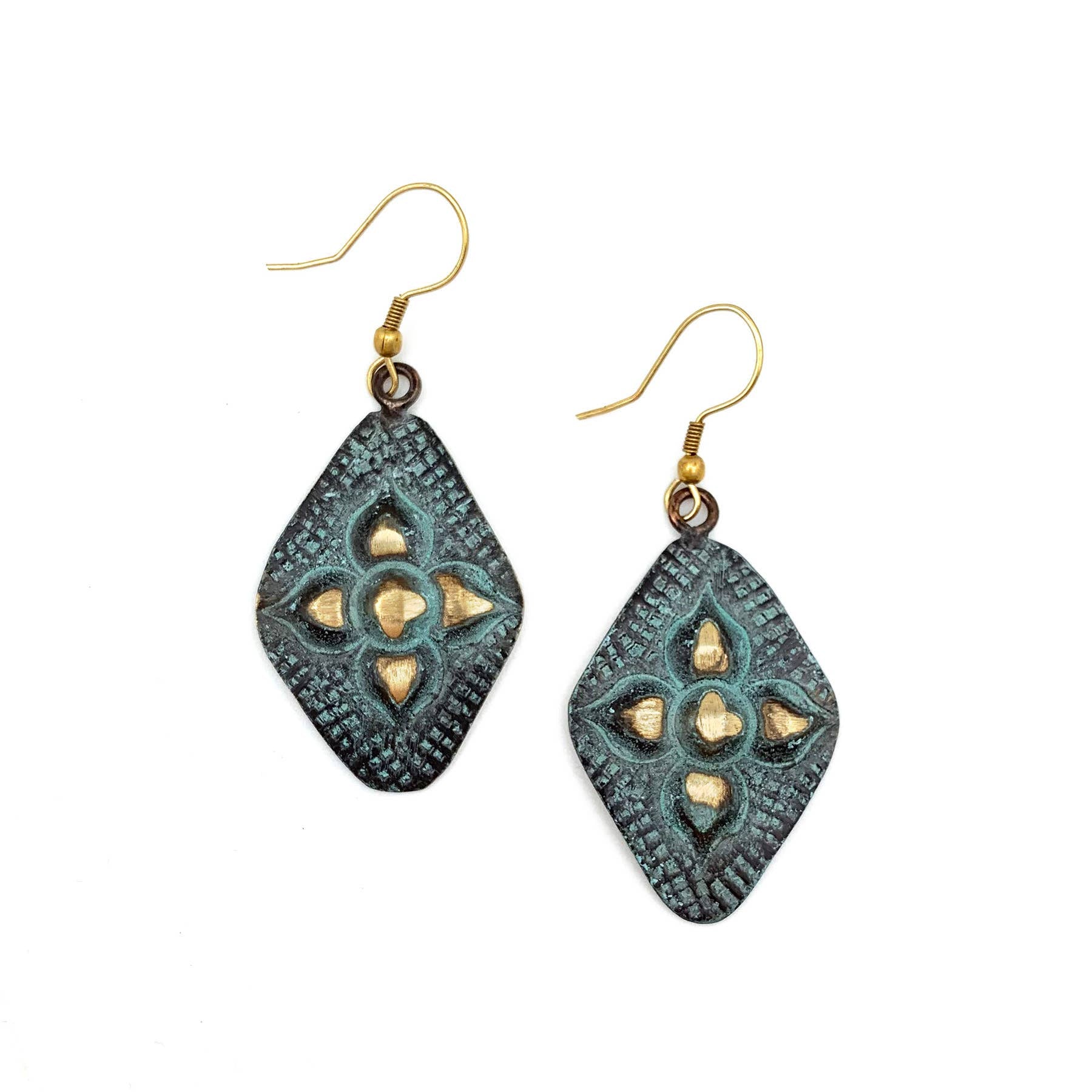 Brass Patina Earrings - Aqua Diamonds with Arabic Flowers