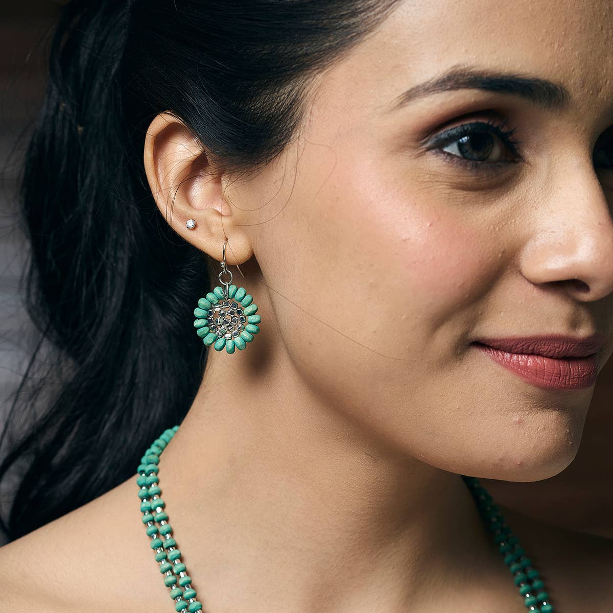 Sachi Wood Bead Flower Earrings - Sea Green